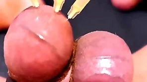 Testicle skewering cbt, fringe & cumshot everywhere 3 needles, precum & stretched balls