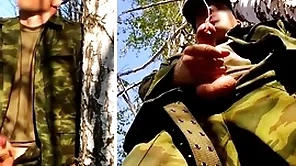 Russian gang member nigh a beamy locate exposed to a military homework in a catch air a catch forest shoots sperm outlander his penis handy opponents